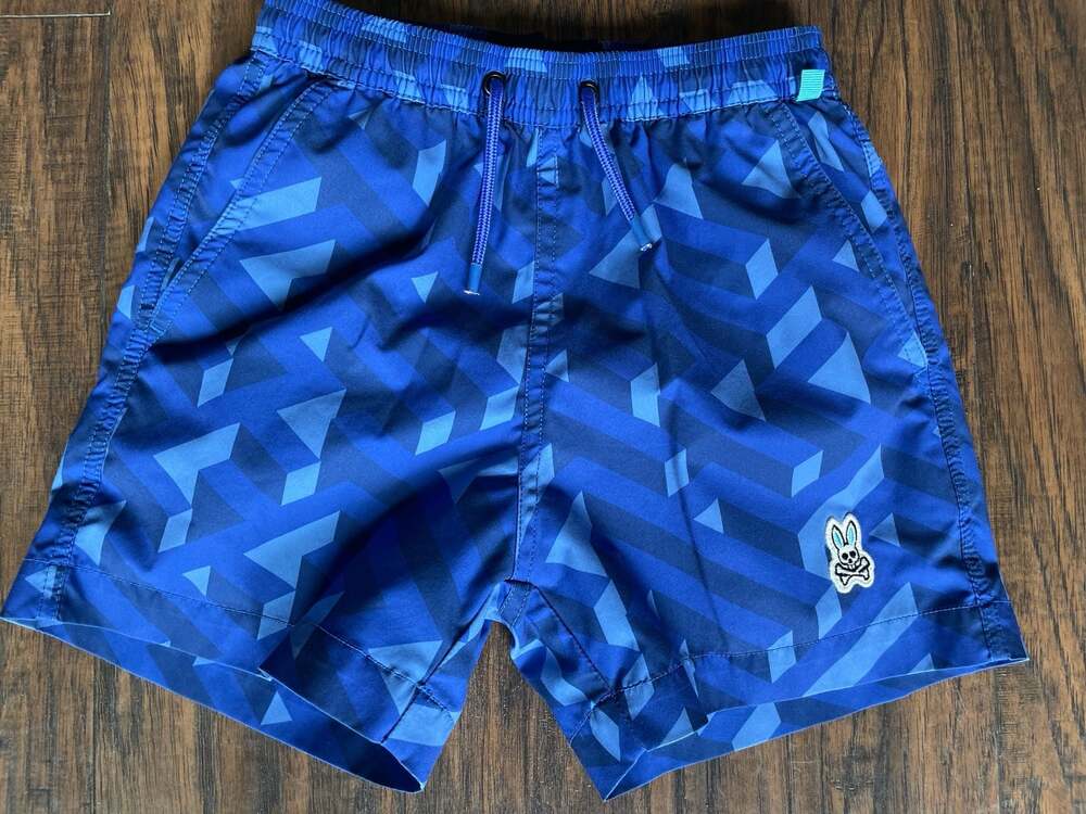 Psycho Bunny Boys Size 5-6 XS Blue Geometric Swim Trunks Mesh Lined